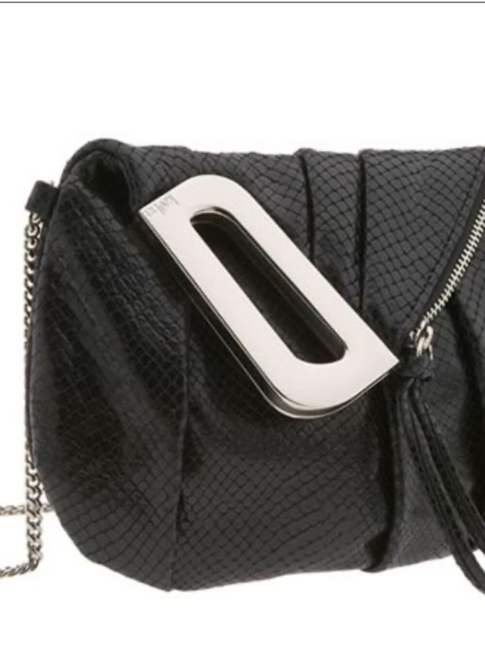 Kooba Black Leather Lizard Embossed Mini Crossbody Bag Purse Silver Chain